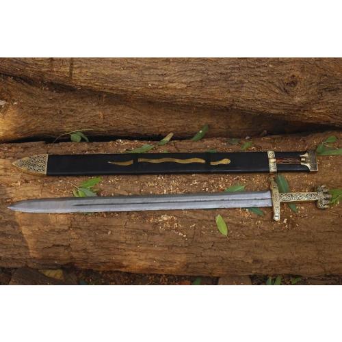 Handmade Castle Keep Viking Sword, Medieval, Norse Sword with Ornate Wooden Scabbard with Stag Horn and Gold-Tone Detailing