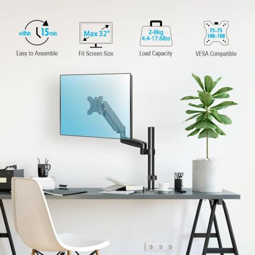 MOUNTUP Monitor Arm, Full Motion Gas Spring Single Monitor Stand, Height Adjustable Desk Mount with C Clamp/Grommet Base, VESA Mount Fits 17 to 32 Inch LCD Screens