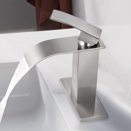Qomolangma Waterfall Bathroom Faucet, Brushed Nickel Modern Single Handle Bathroom Faucets for 1 or 3 Hole Bathroom Sink Faucet Mixer Tap Washbasin Faucet with Deck, Pop-up Drain and Supply Hoses