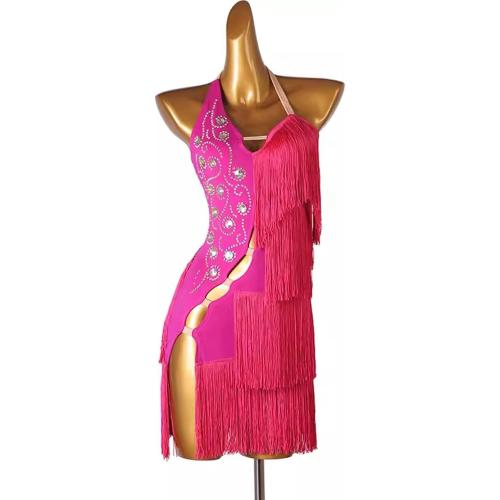 Sleeveless Latin Dance Dresses for Woman Salsa Dance Costumes with Rhinestones Professional Tango Competition Skirt  pink ? small