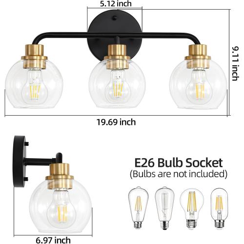 3 Light Bathroom Vanity Light, Black and Gold Bathroom Light Fixtures with Clear Glass Shade Modern Wall Sconces Lighting Bath Wall Lights Lamp for Mirror Kitchen Living Room Bedroom Hallway Cabinet