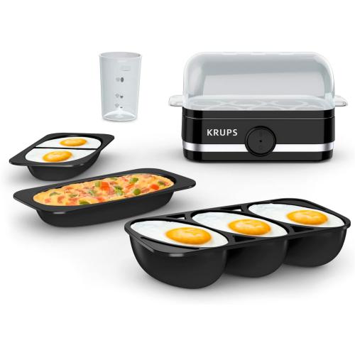 KRUPS: Simply Electric Plastic and Stainless Steel Egg Cooker 6 Eggs 400 Watts Hard, Medium, and Soft Boiled, Poached, Scrambled, Omelets, Rapid Cook Black