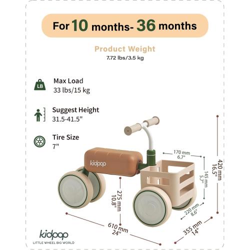 Kidpop Toast Baby Walker with Basket Balance Bike for 1 Year Old Boys Girls Push Rider with Detachable Seat for 10-36 Months,4 Wheels Toddler First Bike, First Birthday Gifts (Green)