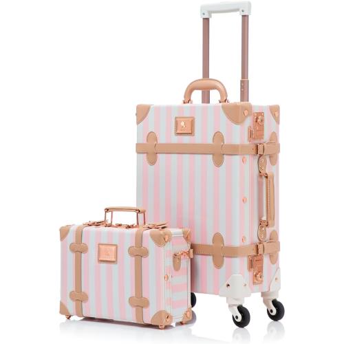 UNIWALKER Vintage Luggage Set, 2 Piece Faux Leather Carry on Suitcase with Spinner Wheels TSA Lock and Cosmetic Train Case for Women, Pink Strip, 20 12
