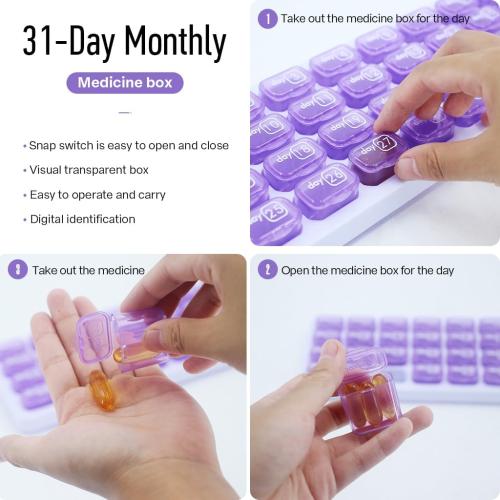 Monthly Pill Organizer, Large Travel Pill Box 31 Day, Daily Pill Case, Pill Holder Container for Vitamin, Medicine, Supplement, Fish Oil, Purple