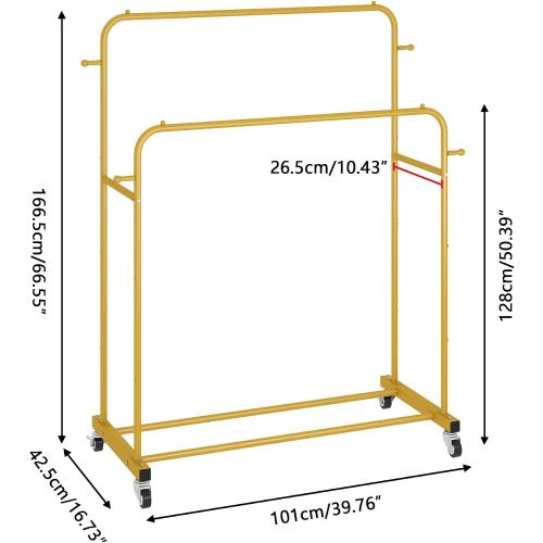 Laiensia Double Rods Garment Rack with Wheels, Clothing Rack for Hanging Clothes,4 Hooks, Multi-functional Bedroom Clothes Rack, Gold
