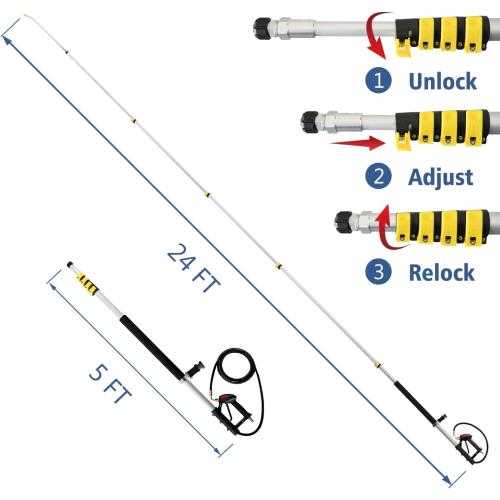 JANZ 24 FT Pressure Washer Telescoping Wand with Power Washer Extension Wands, Brush Head, Gutter Cleaner, 7 Spray Nozzle Tips, 2 Hose Adapters and Support Belt TW-004