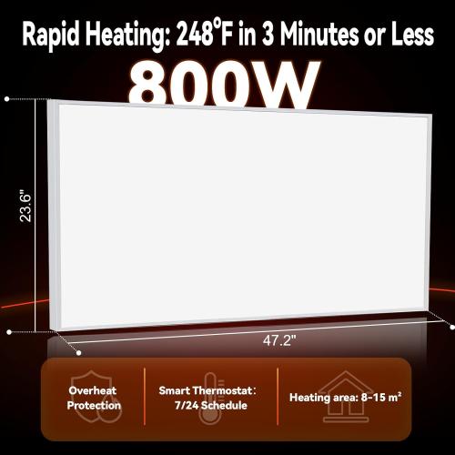 Infrared Heater Panel 800W– Wall Mounted Space Heat Panel Heater for Indoor Use, 100% Flame Retardant Material, Safe/Noise-Free/Fast Heating, Slim Design for Bedroom, Bathroom, Office