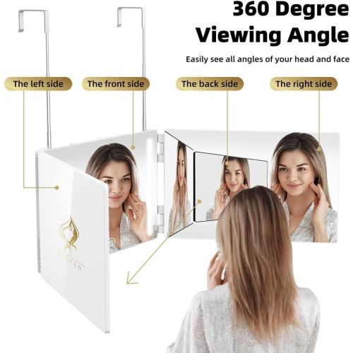LED 3 Way Mirror to See Back of Head 360 Mirror for Women for Braiding Hair Telescoping Hooks Anti-Fog HD Glass Three Way for Self Hair Cutting Makeup Trifold