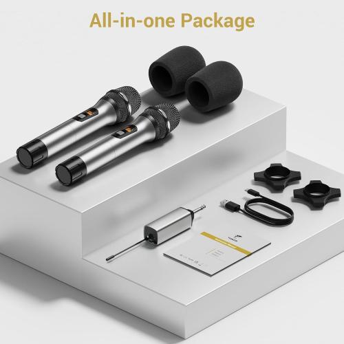 TONOR Wireless Microphones, 60 m/200ft UHF Dual Cordless Metal Dynamic Mic System with Receiver, Microfonos Inalambricos Professional for Karaoke Singing, Wedding, Party, Speech, Church, TW630 Silver
