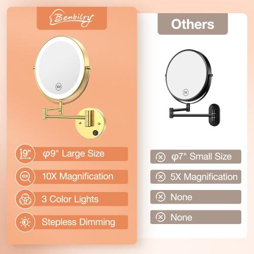 9 Wall Mounted LED Makeup Mirror, 1X/10X Magnifying Mirror Corded, Gold | Large Size, Plug-in, Not Battery Operated, 2-Sided Vanity Mirror, Extended Arm, 3 Color Lights, 360° Swivel, Touch Dimmable