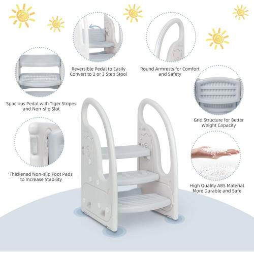Toddler 3 Step Stool Onasti Kids Standing Tower for Toddlers Plastic Learning Helper Stool for Kitchen Counter Bathroom Sink Toilet Potty Training with Handles and Non-Slip Pads-Grey White