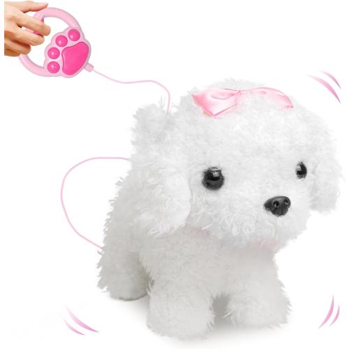 YH YUHUNG Walking and Barking Dog Toys for Kids with Remote Control Leash, Plush Electronic Pets Puppy Interactive Dog That Walk, Bark, Head Nod, Wags Tail(White)