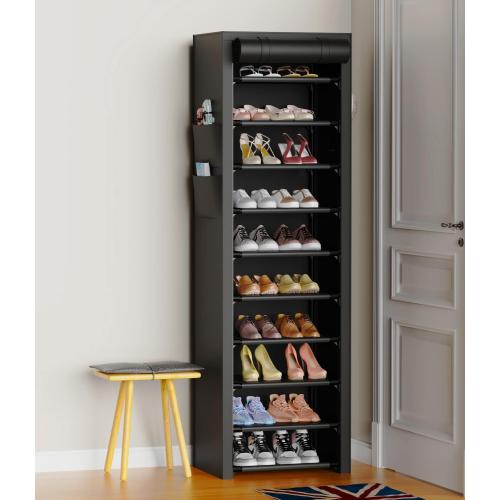 VTRIN Vertical Narrow Shoe Rack Organizer 10 Tier Tall Shoe Shelf Holds 20-22 Pairs with Non-Woven Dustproof Cover for Closet, Entryway Black