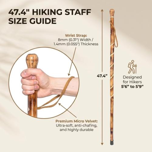 FOREST PILOT Big Ball Head Wooden Walking Stick Nature Color, 48 Inches | Natural Solid Wood, Handcrafted Carving, Twisted Style, Compass, Rubber Tip, Hand Strap