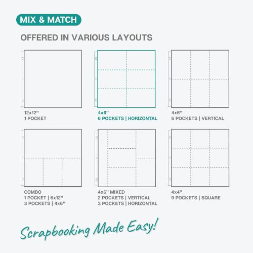 Dunwell 12x12 Scrapbook Page Protectors - 4x6 Photo Album Pages for 3-Ring Binder, (100-Pack, Horizontal Layout), Holds 1200 Pictures, Durable Refill Sleeves, Scrapbooking, Fits Pioneer & WRMK Albums
