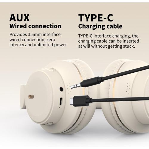 H9 Over-Ear Wireless Headphones with HiFi Surround Sound and USB-C Cable, 24Hr Long Battery Life, Built-in Microphone, for Women&Men，Travel，Home，Office(Off White)