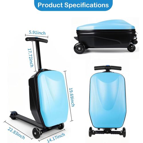 2-in-1 Ride-On Scooter Suitcase,Carry On Hardshell Ride On Suitcase Scooter for Kids Age 4-15, Multifunctional Ride On Lightweight Kids Luggage with Wheels(Size:Blue)