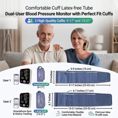 Upper Arm Blood Pressure Monitor for Home Use 17 Large & 21 XL Extra Large Cuff Big arm, Free APP Bluetooth Sync Apple Health Track Google Fit, Large Display Smart BP Machine for Seniors
