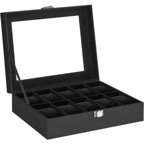 SONGMICS Watch Box, 10-Slot Watch Case Organizer with Large Glass Lid, Removable Pillows, Christmas Gift, Black Synthetic Leather, Black Lining UJWB010B02