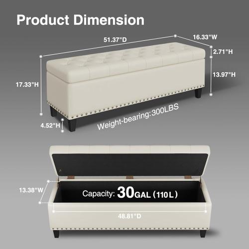 Size 51 Color White Storage Ottoman Bench,51-Inch Large Storage Bench for Bedroom End of Bed, 30 Gallons Faux Leather Ottoman with Storage for Bedroom, Living Room, Entryway, Cream White