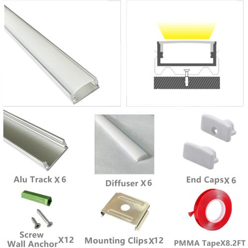 THMOOTHER LED Strip U Channel Diffuser 6-Pack 1FT,17X7.5MM Surface Mounted Aluminum Track with UV Resistance Milky Cover Cabinet Flush Installed Low Profile with Double Sided Tape