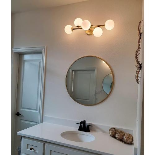 Bathroom Vanity Lights, 5-Light Bathroom Light Fixtures, Mid Century Modern Brass Bathroom Light Ceiling Light, Wall Sconces Semi-Flush Mount Light Fixture with Milk Globe Glass, Brass Gold, G9 Base