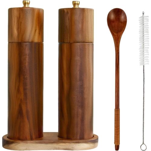 8 Inch Wooden Spice Grinder Set, Adjustable Manual Pepper Mills, Refillable Acacia Wood Pepper Grinders, Includes Base & Brush