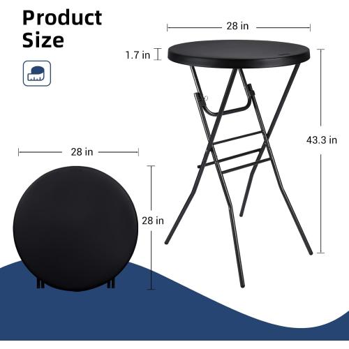 Byliable Cocktail Table 28in High Top Round Folding Indoor Outdoor, Plastic Bar Height Foldable Bistro Tall Table for Party, Patio, Dining Room, Kitchen, Events, Removable Locking Legs, Black