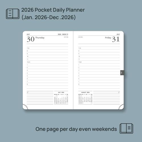 POPRUN 2026 Daily Planner One Page Per Day A6 Size Calendar (4.25 x 6.25) - 12 Months Hourly Appointment Book with Hardcover, Monthly Tabs, Pocket, Pen Holder - Light Pink