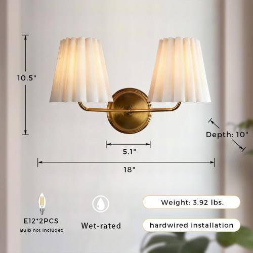 Modern Pleated Fabric Linen Double Wall Sconce, Country Wall Lamp with Antique Finish Metal, Creative Decoration Wall Lamp for Entryway, Hallway, Bedroom, Living Room, Kitchen (Brass)