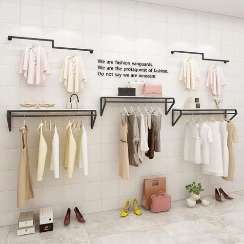 Modern Simple Men's and Women's Clothing Store Heavy Duty Metal Display Shelf,Wall-Mounted Garment Rack with Wood,Clothes Rail,Bathroom Hanging Towel Rack (Black Square Tube, B-57 L)