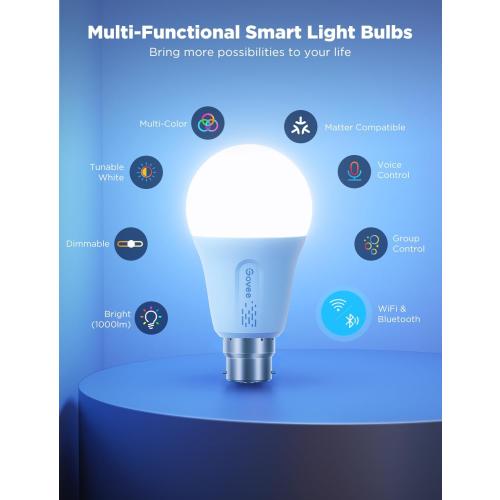 Govee LED Smart Light Bulbs, 1000LM RGBWW A19 75W E26 Base 4 Pack | Color Changing Light Bulb, Work with Matter Alexa and Google Assistant, Smart Bulbs for Bedroom, Living Room