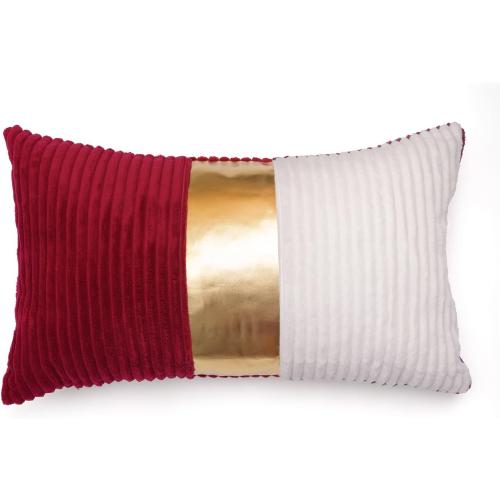 Red and Cream White Boho Striped Corduroy Throw Pillow Covers with Pink Leather Patchwork 12x20 Inch, Pack of 2, Double-Sided, Soft Home Decorative Pillows for Couch and Living Room