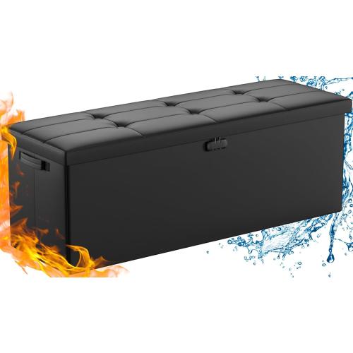 DocSafe Storage Ottoman Bench,Fireproof＆Waterproof Folding Bench with Lock(15”x 43”x15”),Leather Storage Chest with Handles＆2 Extra Boxes,Ottoman Safe for Bedroom,Living Room,Home Office,Black