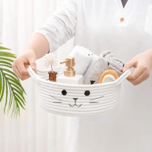HiChen Small Woven Basket, Cute Cat Toy Basket for Living Room, Decorative Nursery Bin for Toys, Diapers, Empty Gift Baskets for Baby, White, 9.8 x 4 inches