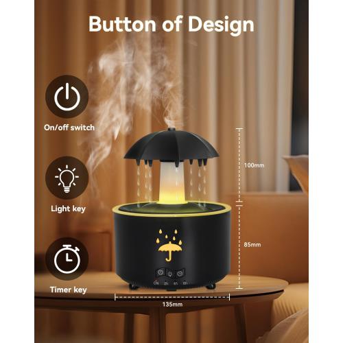 3-in-1 Rain Drop Humidifier & Essential Oil Diffuser with 360 Ratation Waterfall/Whisper Rain Sound/Cool Mist/ 7 Mood Lights, Umbrella Design Humidifiers for Bedroom Home Living Room (Black)