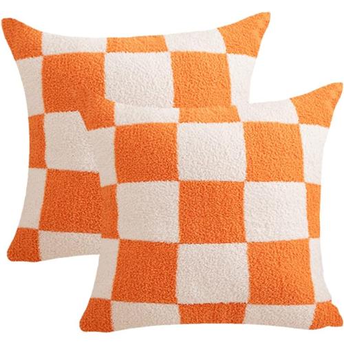 NIDITW Set of 2 Orange Checkered Pillow Covers 18x18 Inches Ultra Soft Microfiber Both Sided Gingham Pattern Invisible Zipper for Sofa Couch Bed Decor (Orange)