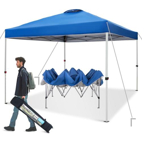 Green Party 10x10 ft Pop Up Canopy Tent, Easy Up Instant Outdoor Canopy with Vented Top, Straight Legs, Wheeled Carry Bag, 4 Ropes & 8 Stakes - Blue