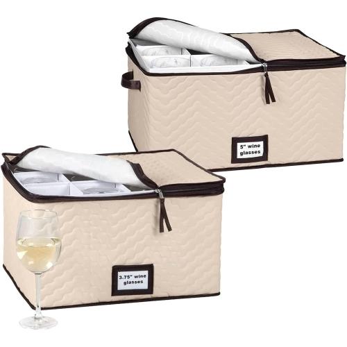 Wine Glass Storage Box with Dividers - Stemware Storage Case, Durable Quilted Microfiber Bin with Carry Handles, Protects Fine China - Durable Quilted Microfiber Bin with Carry Handles (2 Pack, Red & White Wine Glass)