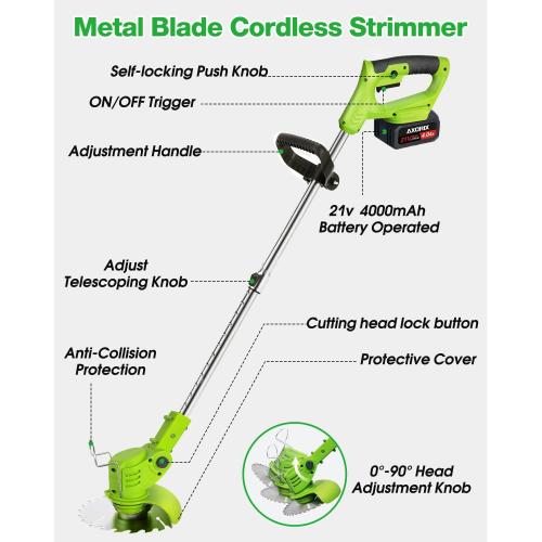 Electric Weed Wacker Cordless, 21V Weed Cordless Eater Battery Powered, with 2Pcs 4.0Ah Batteries, Stringless Brush Cutter, Lightweight Foldable Grass Trimmer, 3 Types Blades, Green