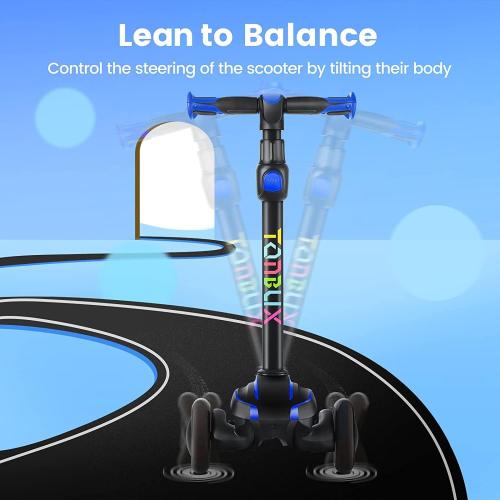 Blue and Black TONBUX Kids Scooter for Age 3-12, Toddler Scooter with 4 Adjustable Heights, Light Up 3-Wheels Scooter, Shock Absorption Design, Lean to Steer, Balance Training Scooter for Kids