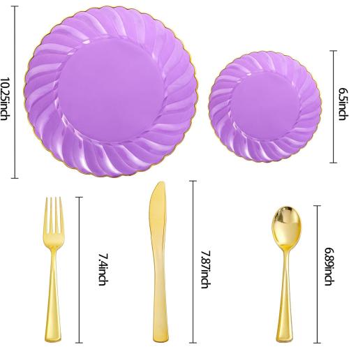 YOUBET 125PCS Purple Plastic Dinnerware Set - Gold and Clear Purple Disposable Plates Include 50 Plastic Plates 75 Silverwares for Wedding Birthday Parties & Party