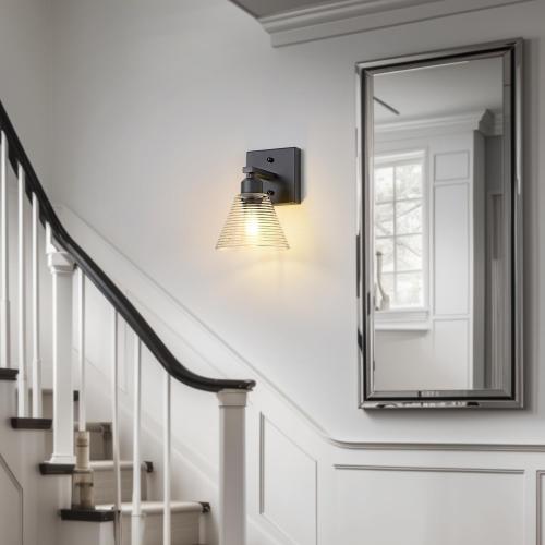 1-Light Bathroom Vanity Light, Black Modern Bathroom Lighting Fixtures with Clear Glass Shade, Farmhouse Wall Sconces for Mirror Kitchen Bedroom Living Room