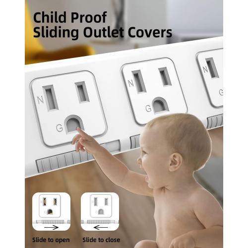 Flat Plug Power Strip Surge Protector 3 Outlets, Extension Cord 3 ft 3 Prong, 300J, 10A/1250W, Overload Protection Switch, Plug Strip for Home Office, Child Safety Slide Outlet Covers, SGS Approved