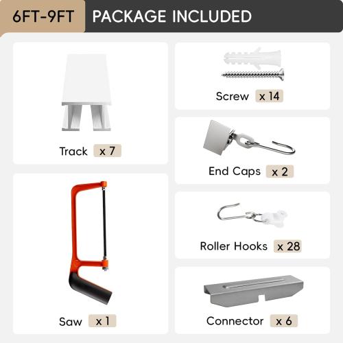 Ceiling Curtain Track, Curtain Track with Roller Hooks, 6ft - 9ft Ceiling Mounted Rail Set for Room Divider, White