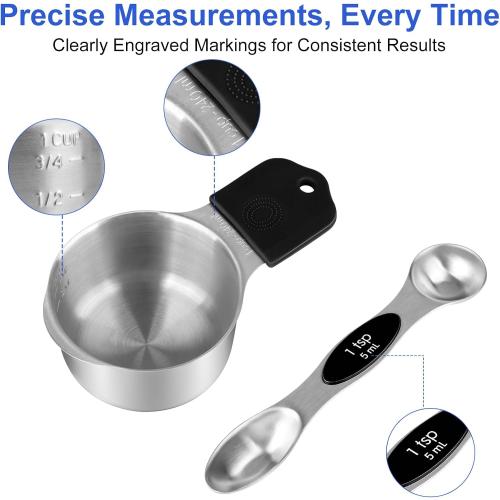 Magnetic Measuring Cups & Spoons Set, Strong N45 Magnets, Heavy Duty Stainless Steel Fits in Spice Jars for Baking & Cooking, BPA Free, Round Set of 15 with Leveler, Silver