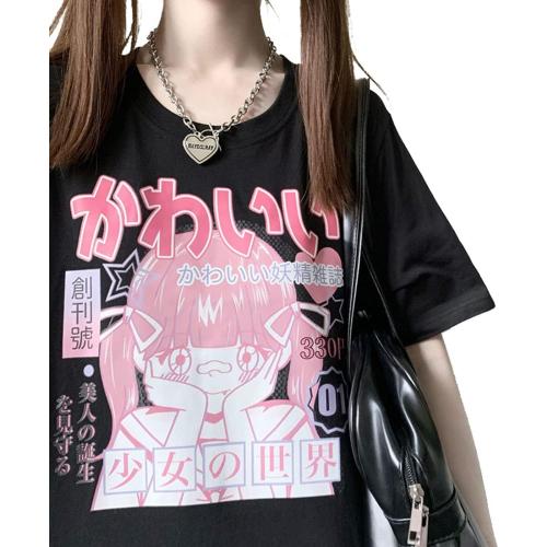 Size 2XL Pastel Goth Japanese Fashion Kawaii Clothes Soft Cotton Comic Print Girl's World T-Shirt