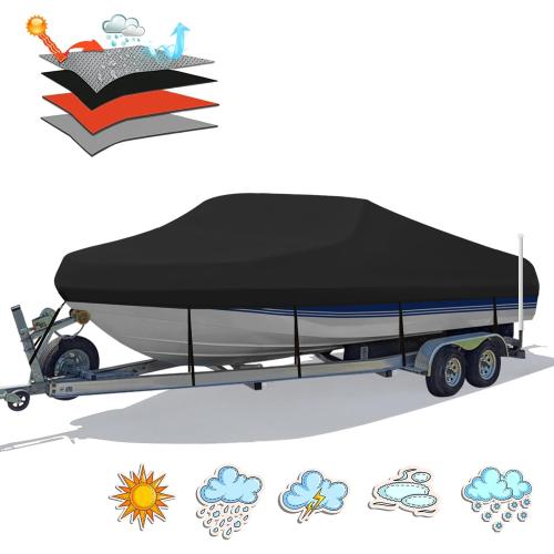 Heavy Duty 1200D PU Waterproof Boat Cover, 20'- 22' Trailerable Marine Grade Polyester Canvas, Fits 20-22ft V-Hull, Bass Boat, Runabout, Ski, Fishing Boat with Tightening Strap, Black
