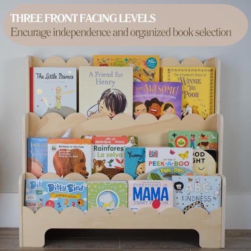 Tan CAALMA Scalloped Book Shelf – Montessori Bookshelf – Wooden 3-Tier Toddler Bookshelf, Front Facing Bookcase for Nursery, Playroom, Kids Room or Classroom